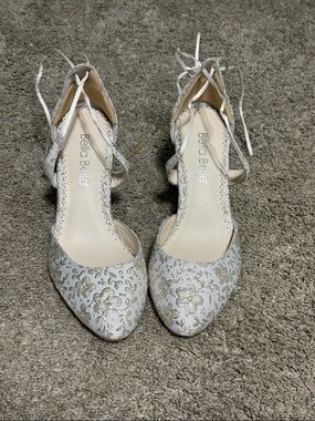 Bella Belle Silver Floral Embroidered Ankle Tie Heels